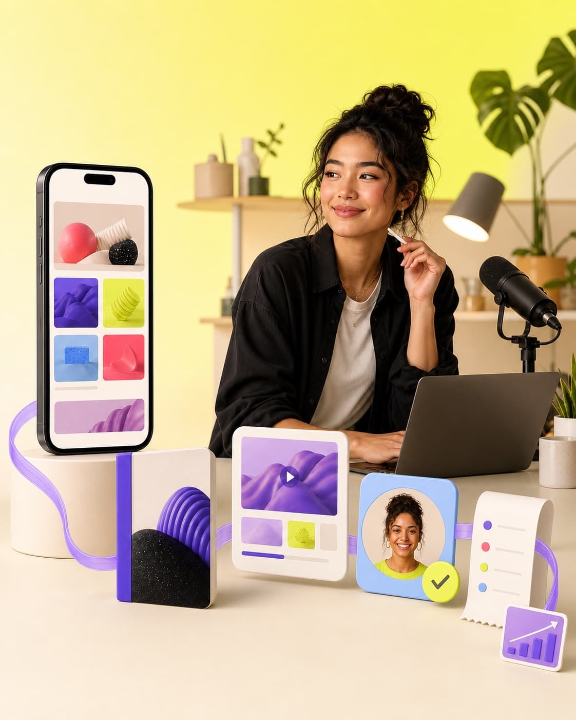 A creator at her studio with a storefront, digital product, course, calendar, receipt, and customer card arranged as one connected business.